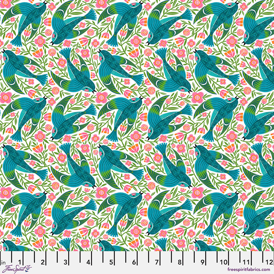 What the Bird Said by Cori Cantini for Free Spirit, Blue Birdy, White