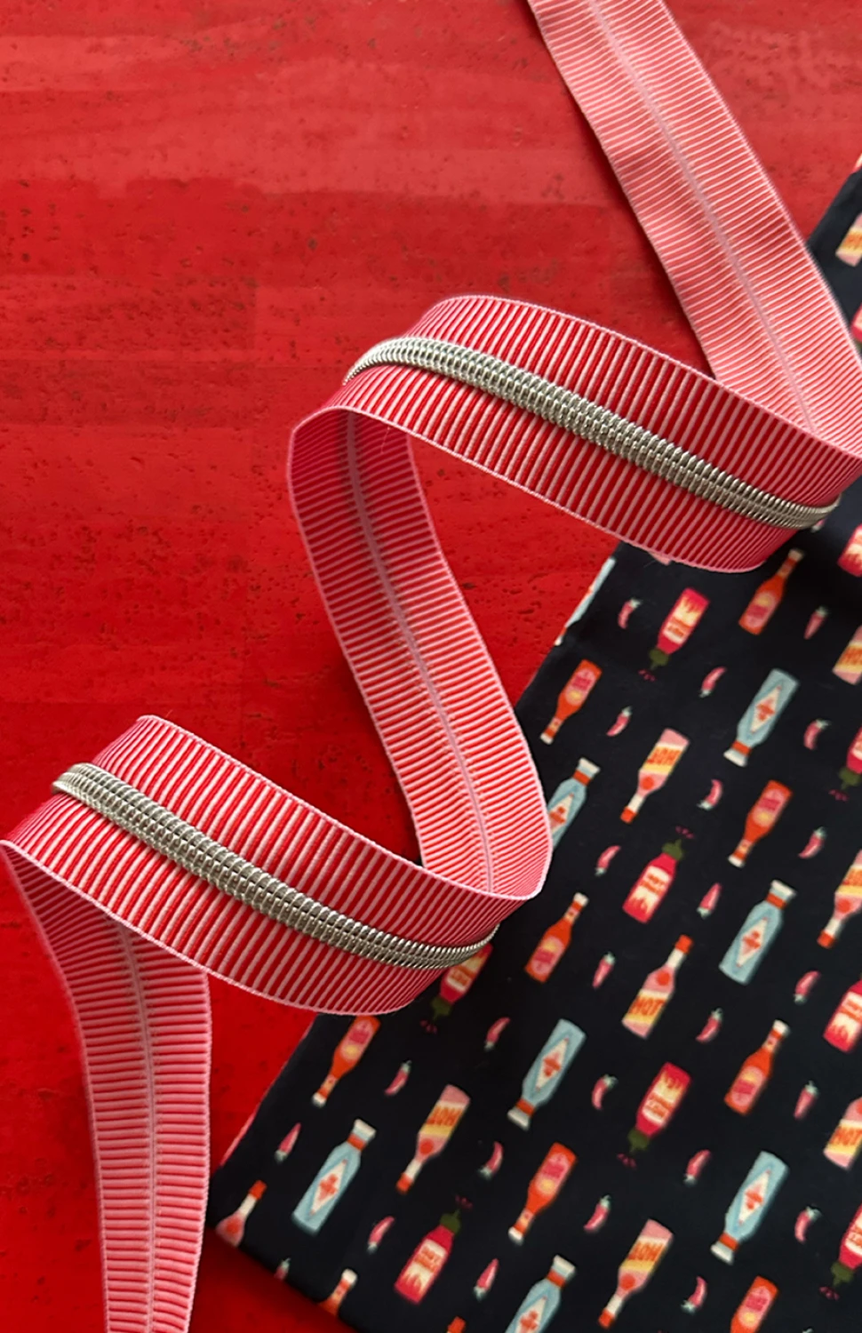 Sassafras #5 Zipper Tape - 3 Yards, Red with Nickel
