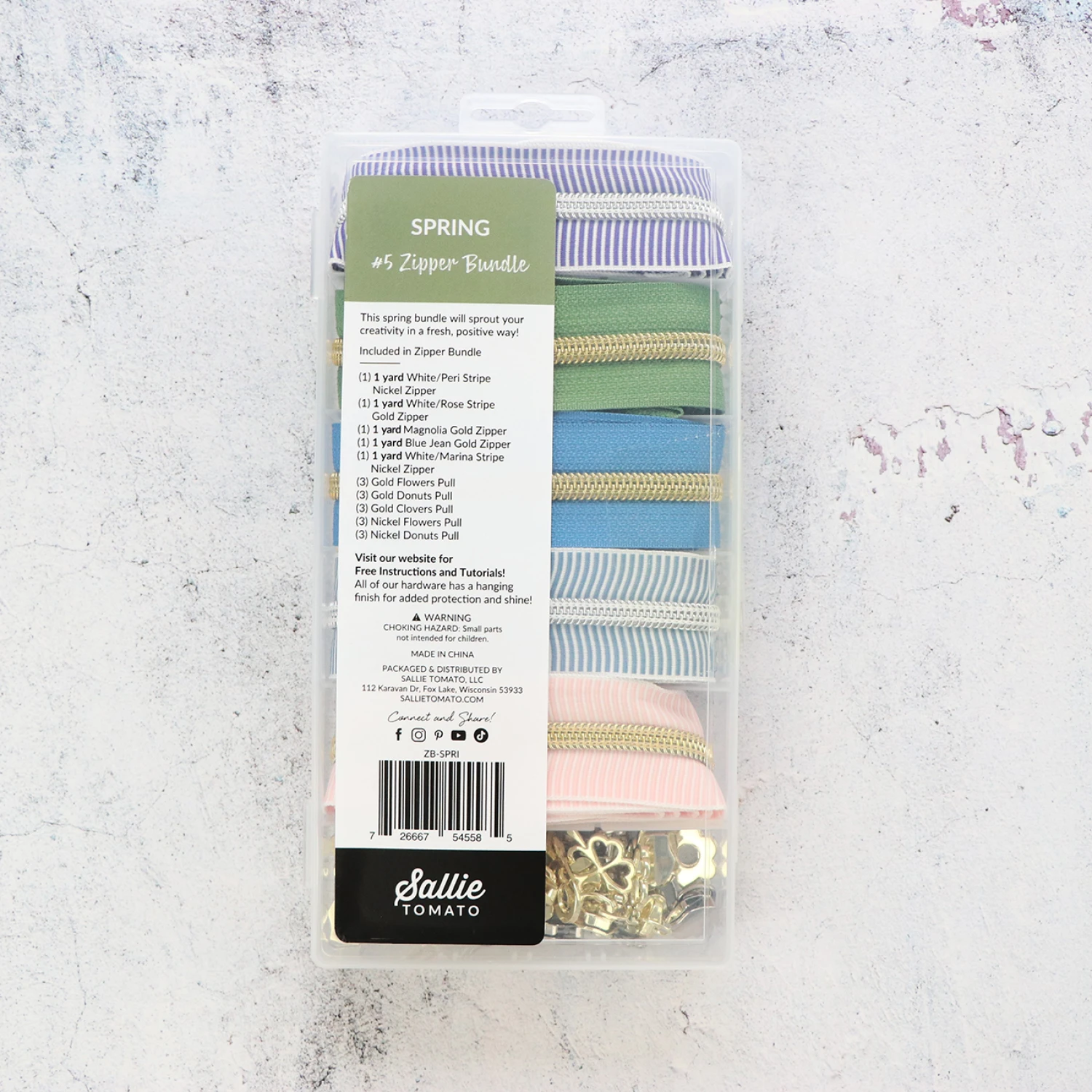 Sallie Tomato Zipper Bundle: 5 colours 1 yard each, 15 pulls, Spring