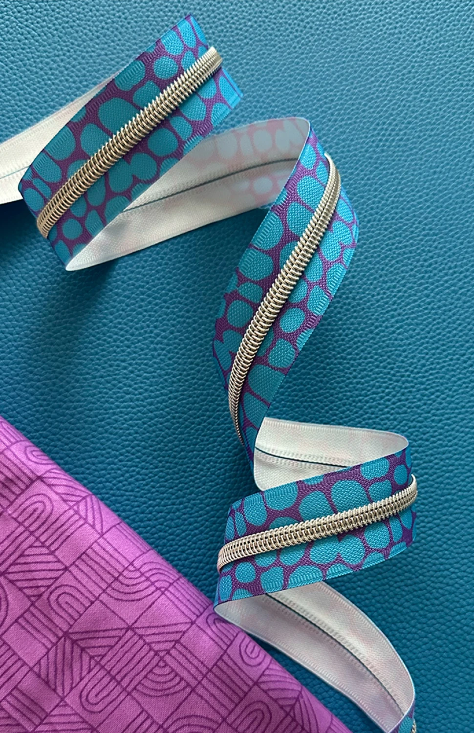 Sassafras #5 Zipper Tape - 3 Yards, Blue Pebble with Nickel