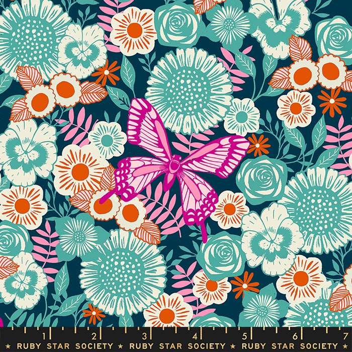 Backyard by Sarah Watts, Butterfly Floral in Dark Teal