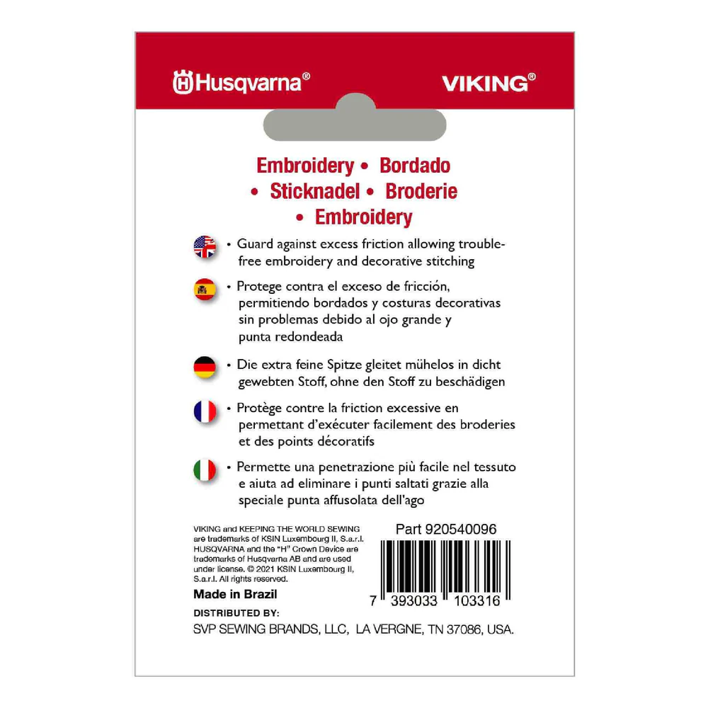 Husqvarna Viking Embroidery Needles Assorted (size 75/11 x 3, 90/14 x 2)
