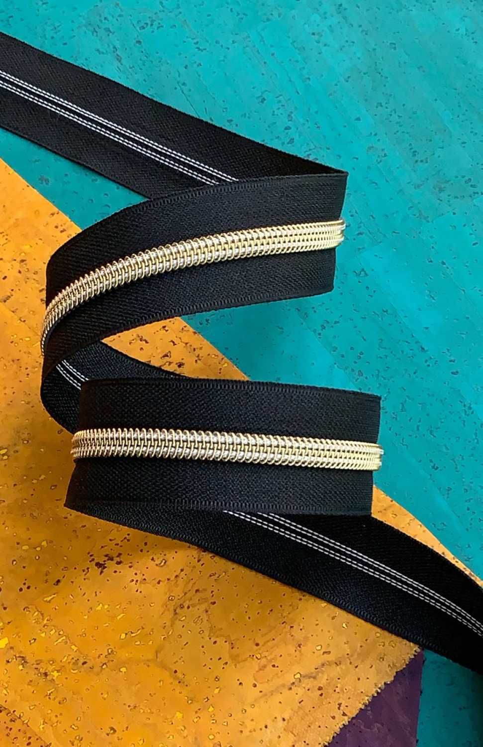 Sassafras #5 Zipper Tape - 3 Yards Black with Gold
