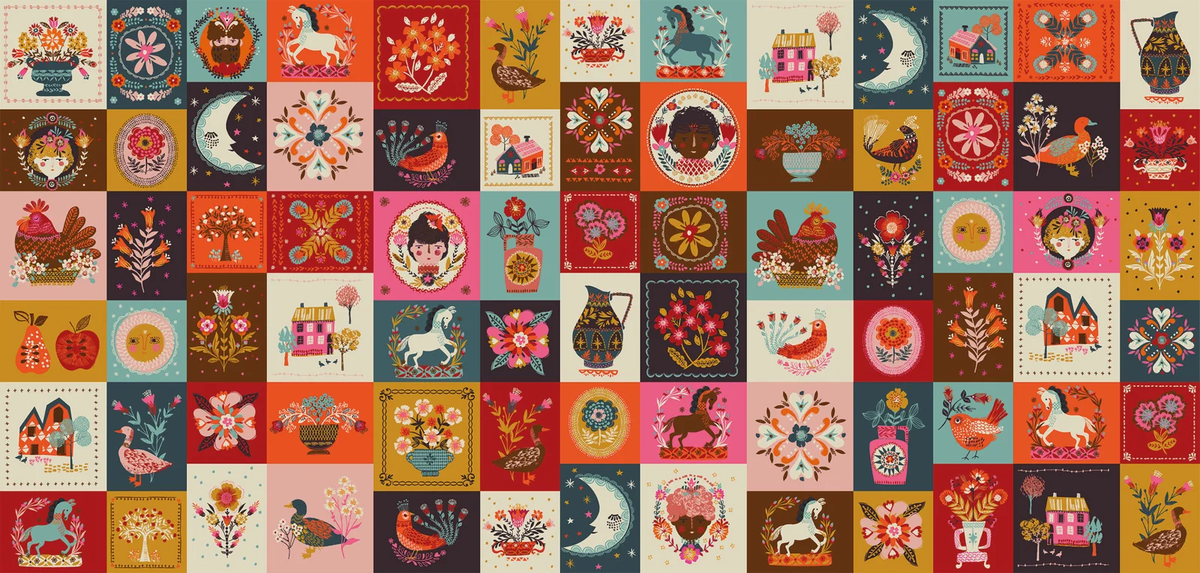 Fine Folk by Helen Black for Thread & Ink Design Studio, Quilted Folk 21" Panel
