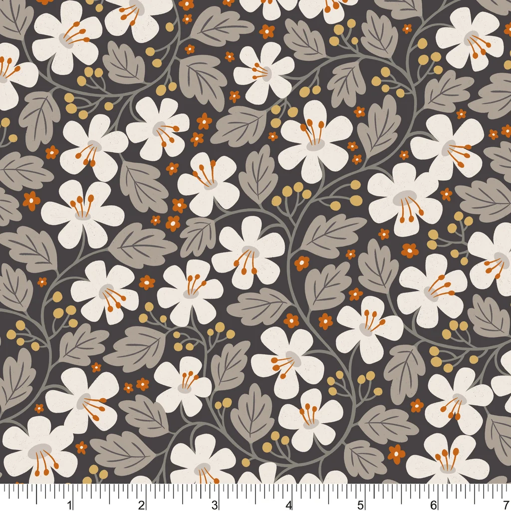 Cozy Forest by Anequ Studio for Phoebe Fabrics, Tangled Flowers, Dark Grey