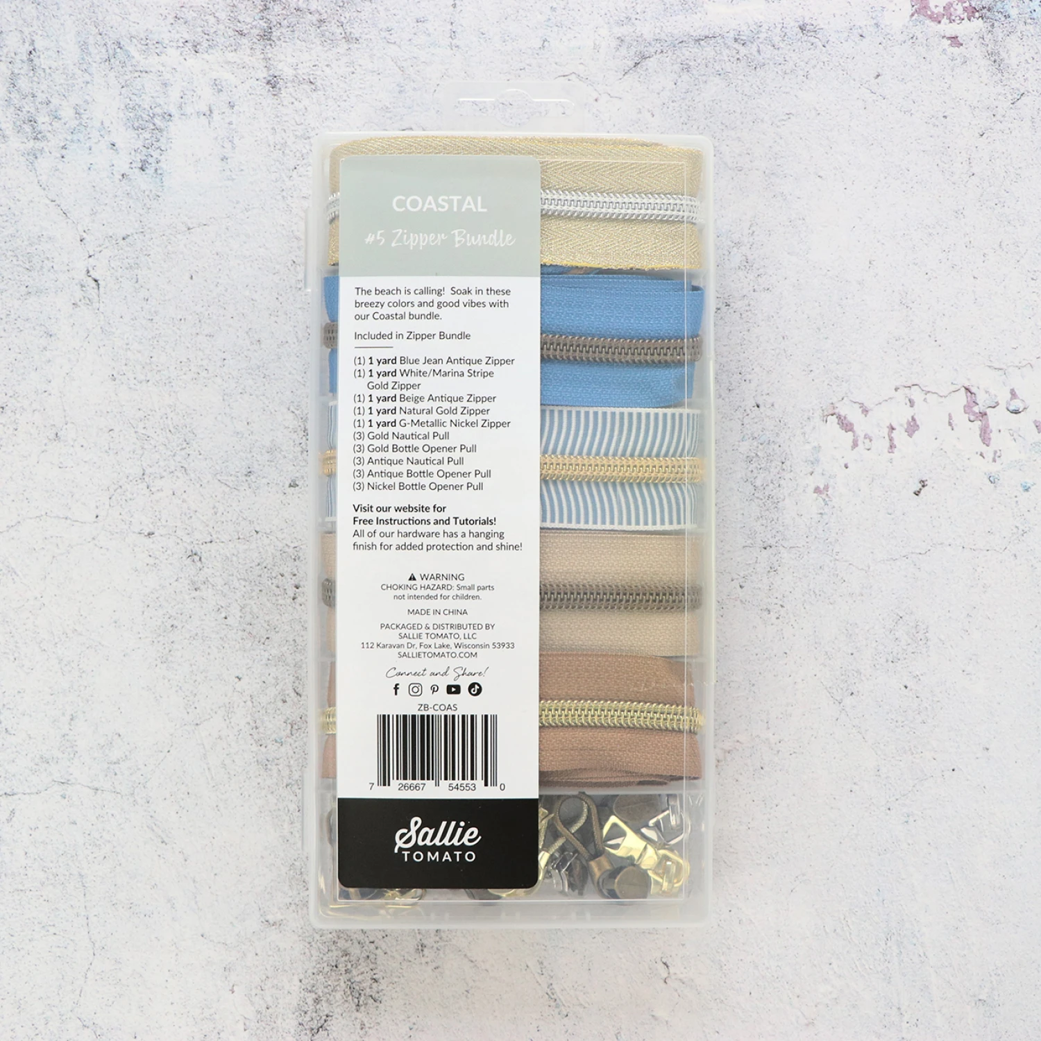 Sallie Tomato Zipper Bundle: 5 colours 1 yard each, 15 pulls, Coastal