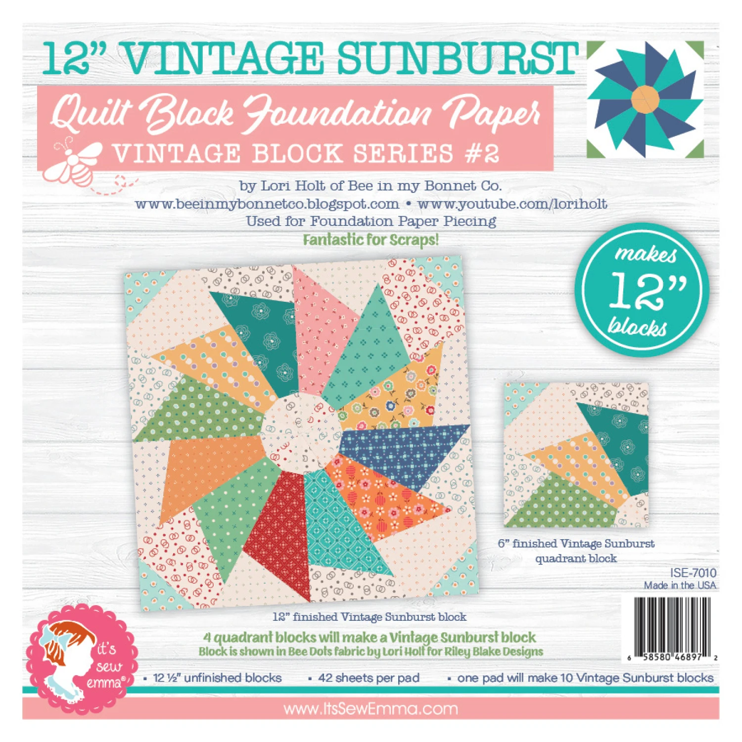 Lori Holt 12in Vintage Sunbursts Quilt Block Foundation Papers