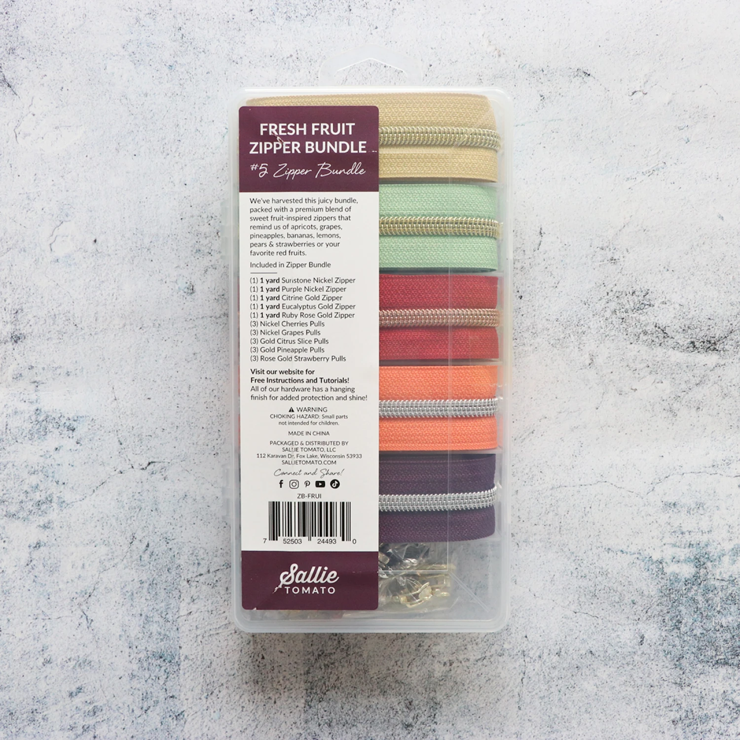 Sallie Tomato Zipper Bundle: 5 colours 1 yard each, 15 pulls, Fresh Fruit