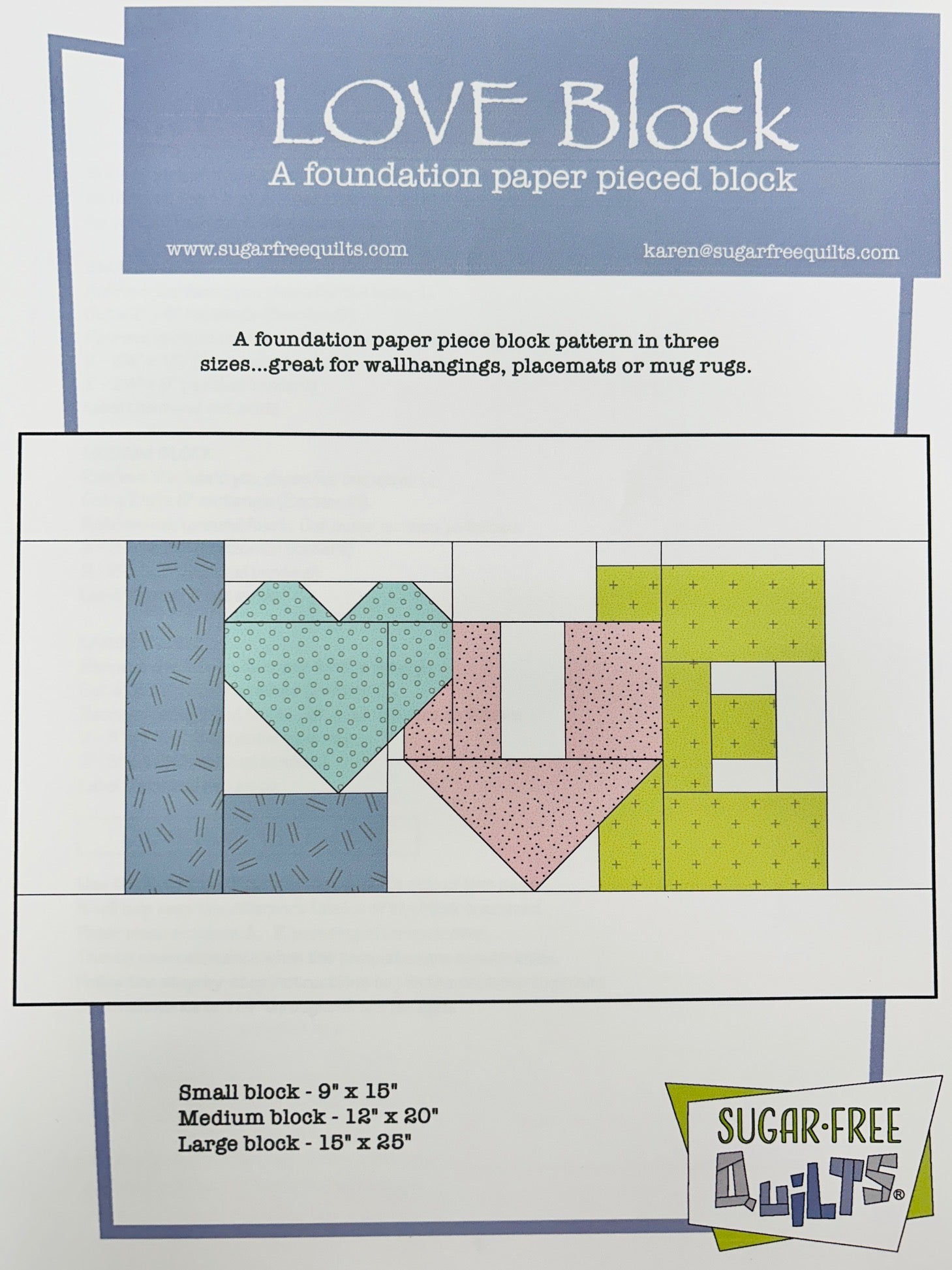 LOVE Block Pattern, a foundation paper pieced block by Sugar-Free Quilts