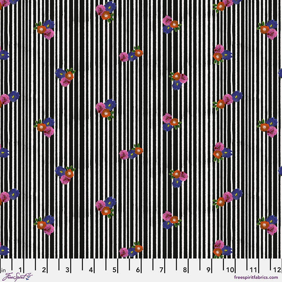 Pompadours in Pink by Carolyn Gavin for Free Spirit, Daisy Stripe, Black