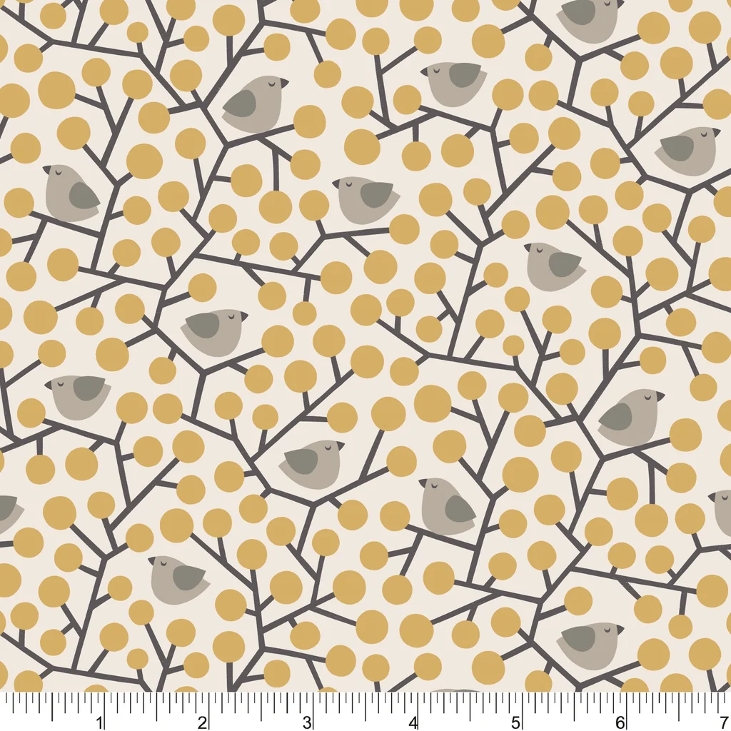 Cozy Forest by Anequ Studio for Phoebe Fabrics, Birds on Branches, Cream