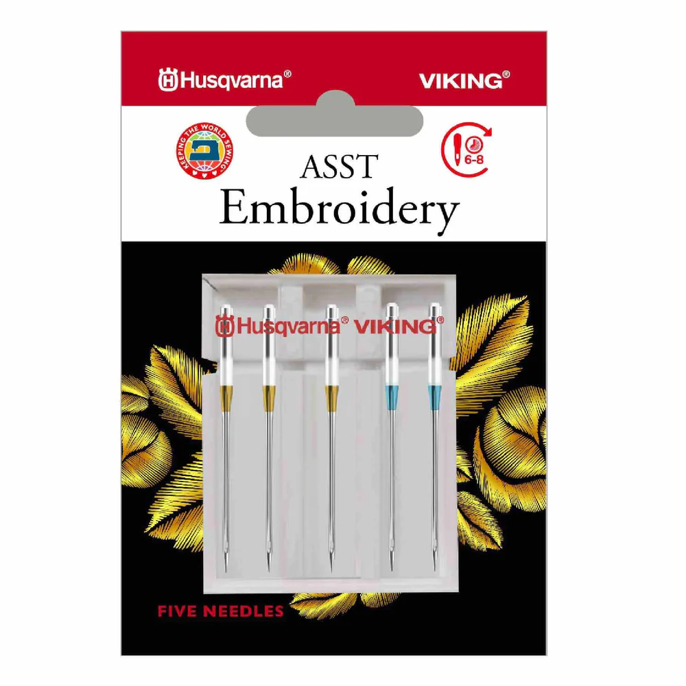 Husqvarna Viking Embroidery Needles Assorted  (size 75/11 x 3, 90/14 x 2)