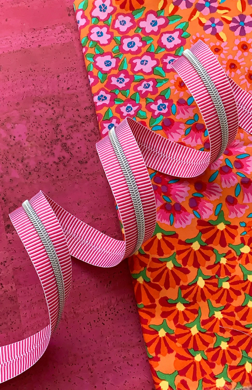 Sassafras #5 Zipper Tape - 3 Yards, Pink with Nickel