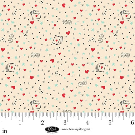 Ink Chronicles by Urban Daisies for Blank Quilting, Playing Cards, Hearts, Stars and Anchors, Cream