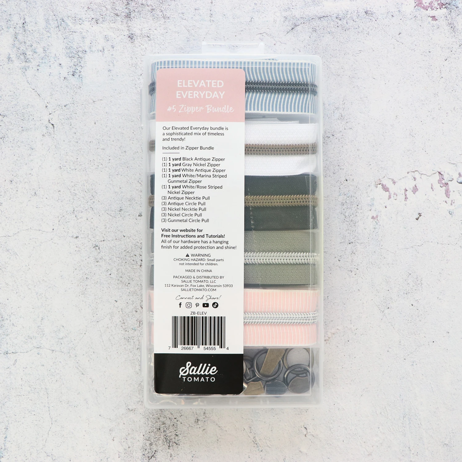 Sallie Tomato Zipper Bundle: 5 colours 1 yard each, 15 pulls, Elevated Everyday